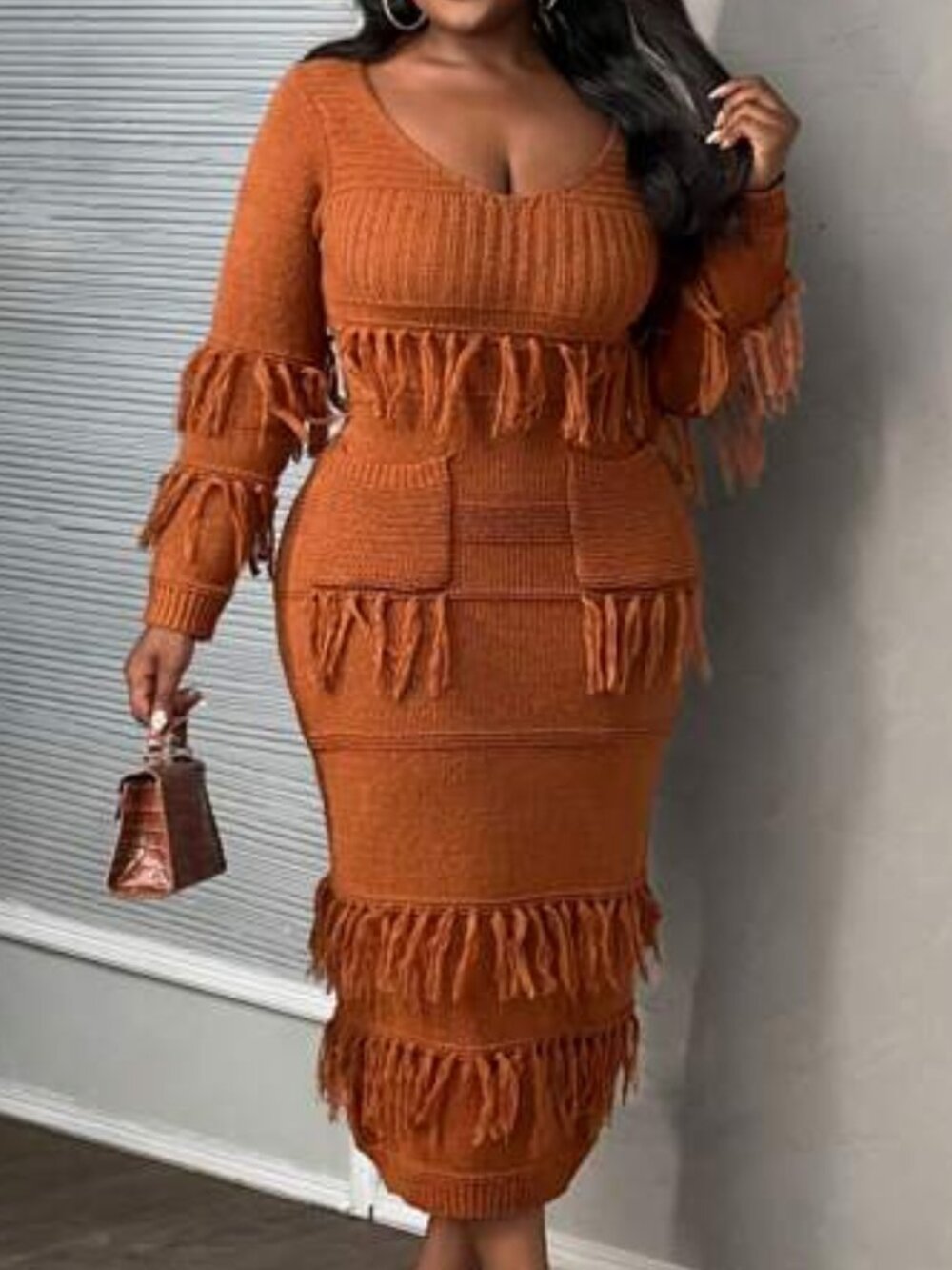 Fringed Fitted Long Sleeve Sweater Dress